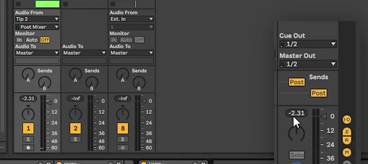 Ableton mixer showing the drum channel peaking at -2.31 dB after parallel compression and gain staging