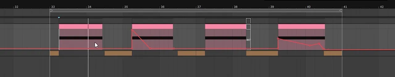 Ableton Live arrangement with Serum macro automation in red: flat on the first hit, a falling ramp on the second and a slower falling curve on the fourth