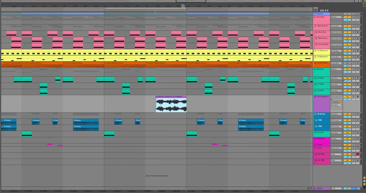 Ableton Live drum and bass drop with a resampled audio fill placed at the end of a 16-bar section, above the frozen FM8 bass clips