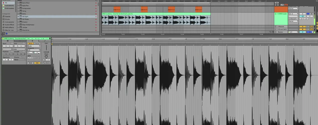 Ableton Live clip view of the Counterstrike drum loop used as a liquid DnB break: Warp on, Beats mode, Preserve 1/8, 174 BPM, with percussion one-shots above