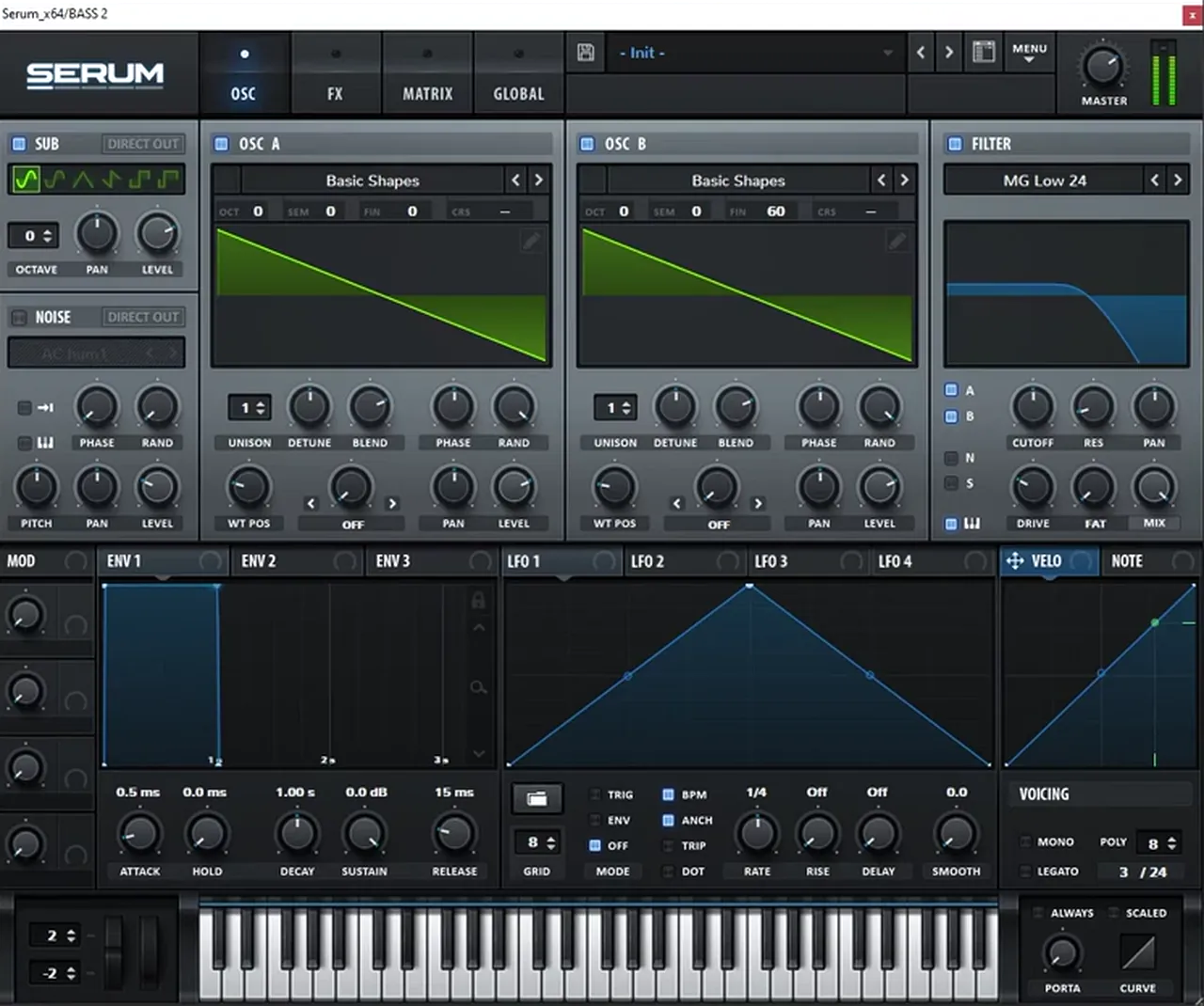 Serum fluttery bass like Monty’s F4DE: two Basic Shapes saw waves with oscillator B fine tuned to 60, sub on, MG Low 24 filter with key tracking
