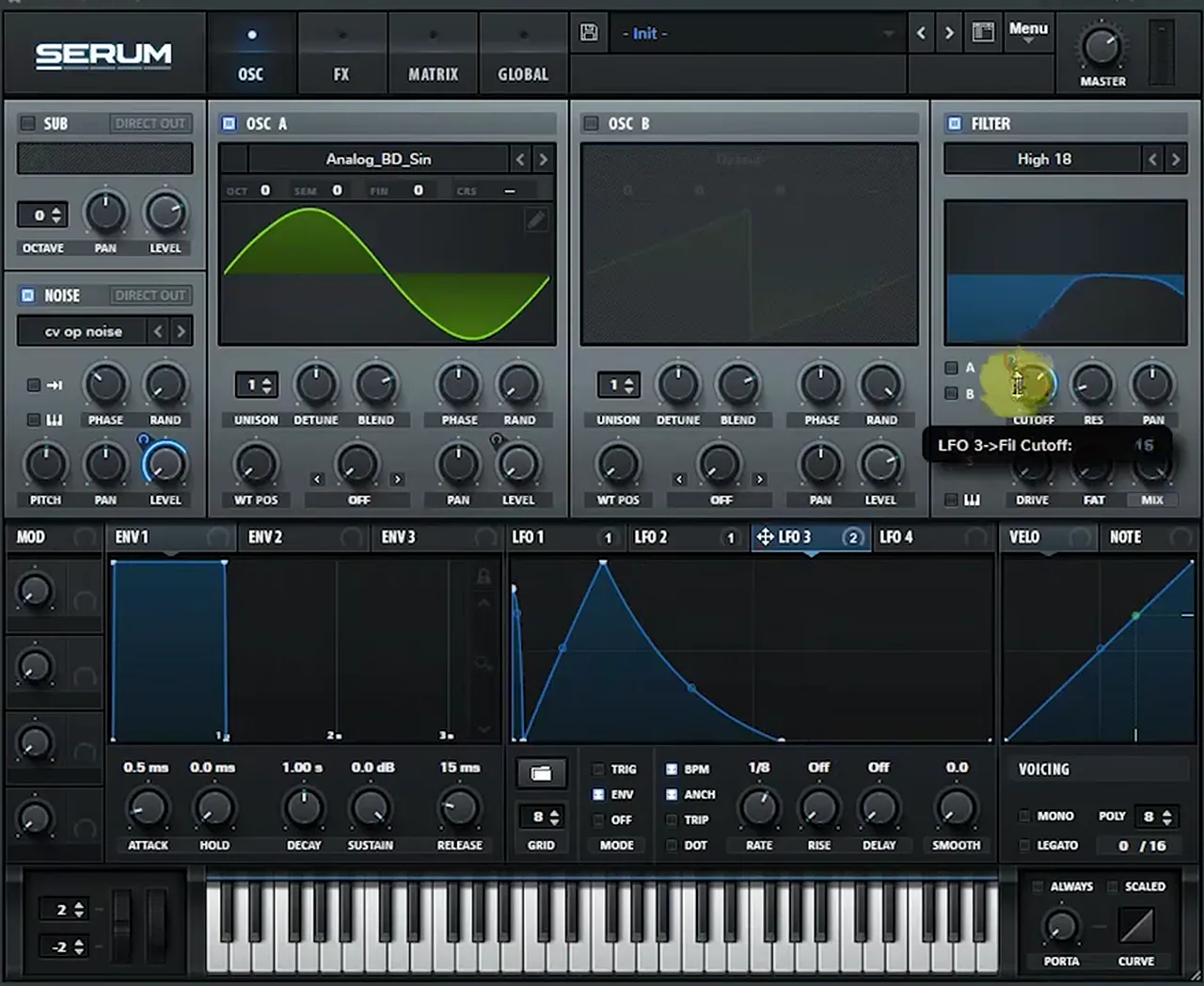 Serum drum and bass snare noise envelope on LFO 3 with a short transient spike, routed to the noise level and the High 18 filter cutoff