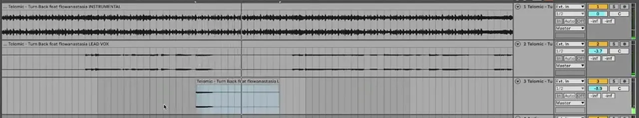 Ableton arrangement with a short copy of the DnB vocal on its own track for a 100 percent wet delay throw