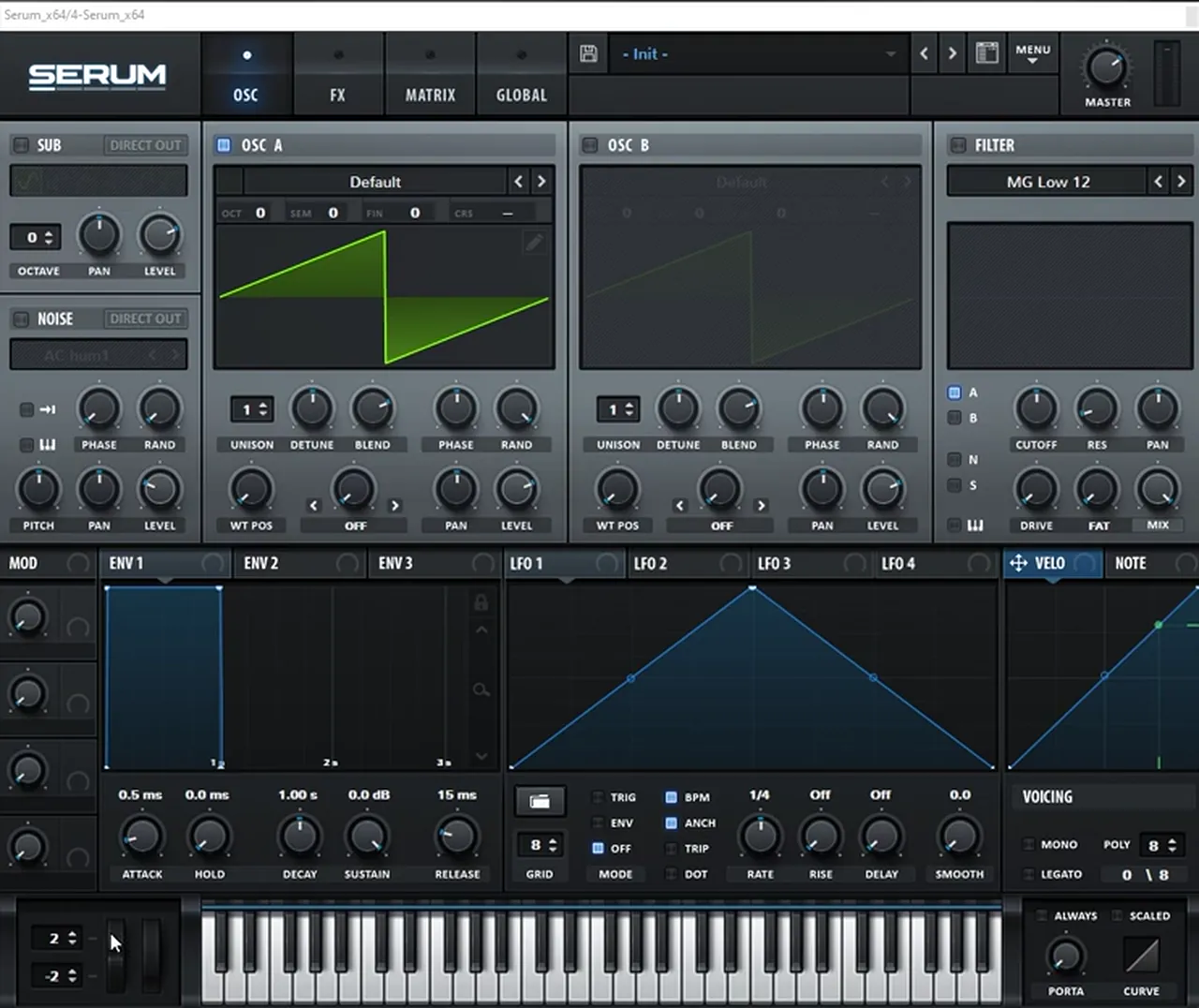 Initialised Serum patch for a bass like Bou Poison with the pitch bend range set to 2 up and minus 2 down