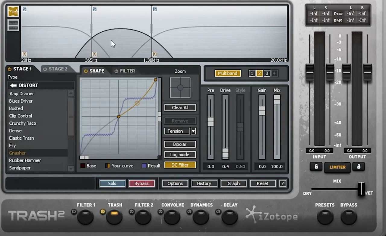 Second iZotope Trash 2 with crossovers at 365 Hz and 1.38 kHz, band 2 using the Gnasher distortion with drive 0.4