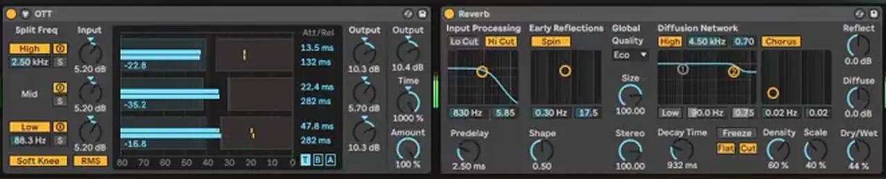 Ableton OTT followed by a Reverb at 44 percent dry/wet, adding density and ambience to an IMANU and Buunshin style foghorn bass