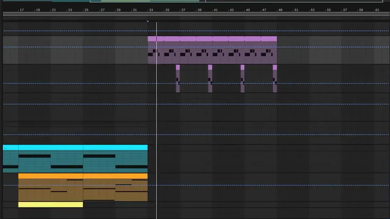 Ableton arrangement of a drum and bass call-and-response section: a 16-bar main bass clip on top and four short response bass notes, one at the end of every four bars