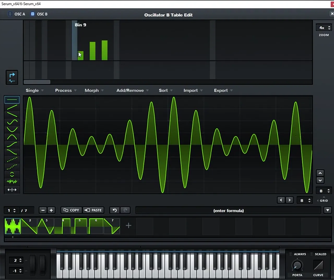 Serum oscillator B table editor for the second Bou Poison style bass: the fundamental removed and harmonics added on bins 10, 12 and 14, with pitch bend set to minus 1