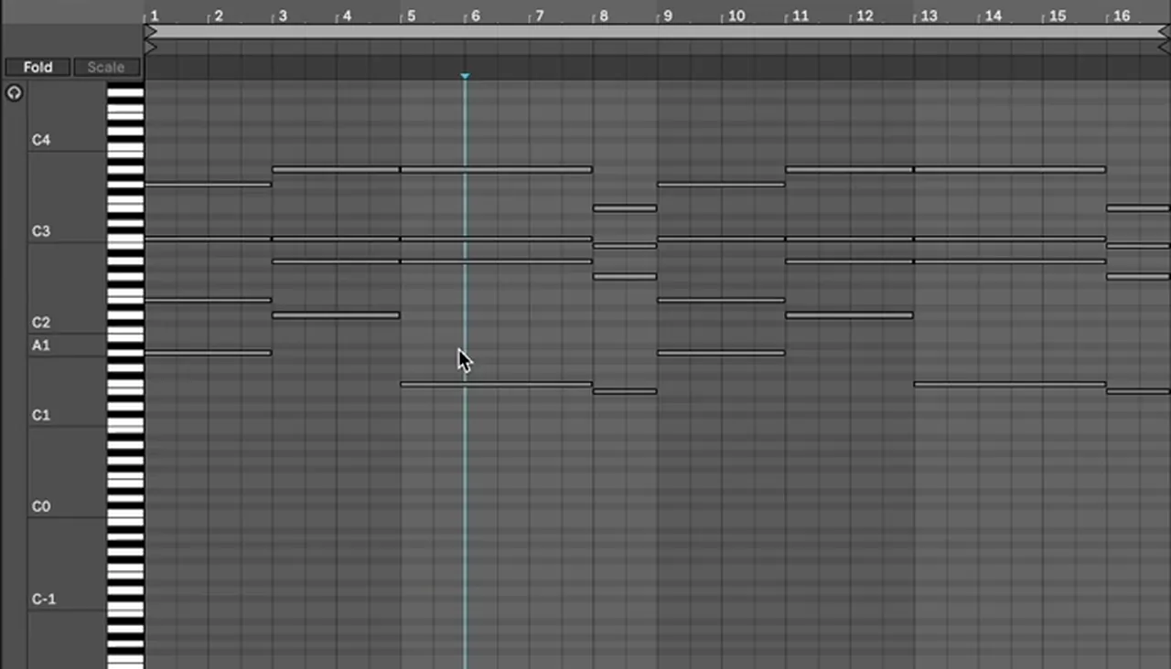 Ableton piano roll with a 16-bar liquid DnB chord progression in A minor: A minor 7, D, F and E minor, all written around a held A note