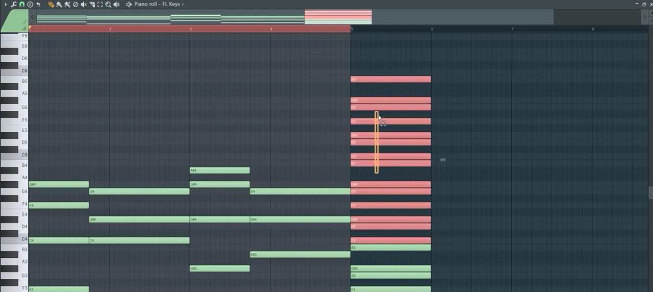 FL Studio piano roll where the second and fourth liquid DnB chords start one beat early, on beat 4 of the previous bar