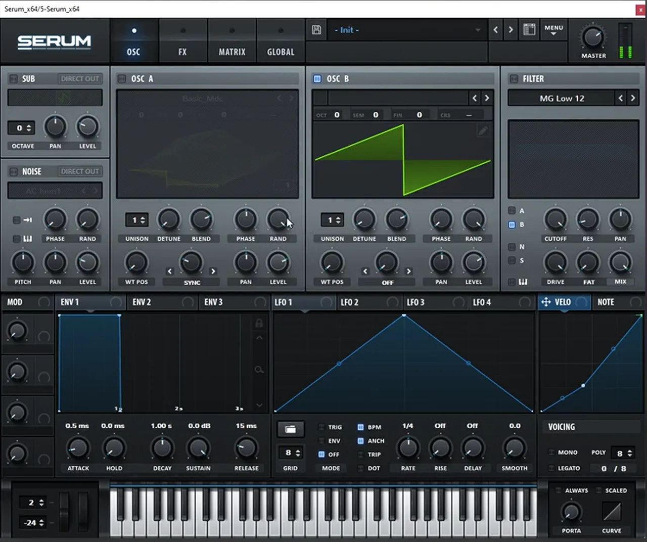 Serum init patch with a single saw wave on oscillator B and the pitch bend range at minus 24, the starting point of each layer of a No Tomorrow style lead