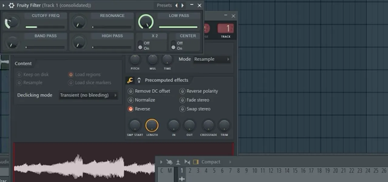 Fruity Filter in FL Studio on the resampled liquid piano: low pass on, high pass off, resonance down, with the reversed audio clip behind it
