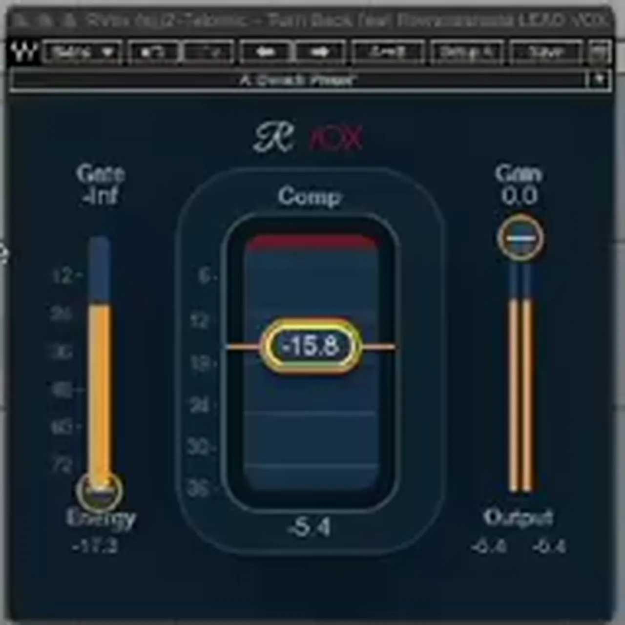 Waves RVox compressor on a drum and bass vocal with the Comp slider at -15.8 for around 6 dB of gain reduction