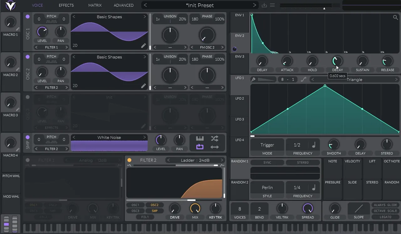 Vital envelope 2 mapped to oscillator 1 pitch for a future DnB noise bass hit, sustain at zero and decay at 0.602 seconds with a curved shape