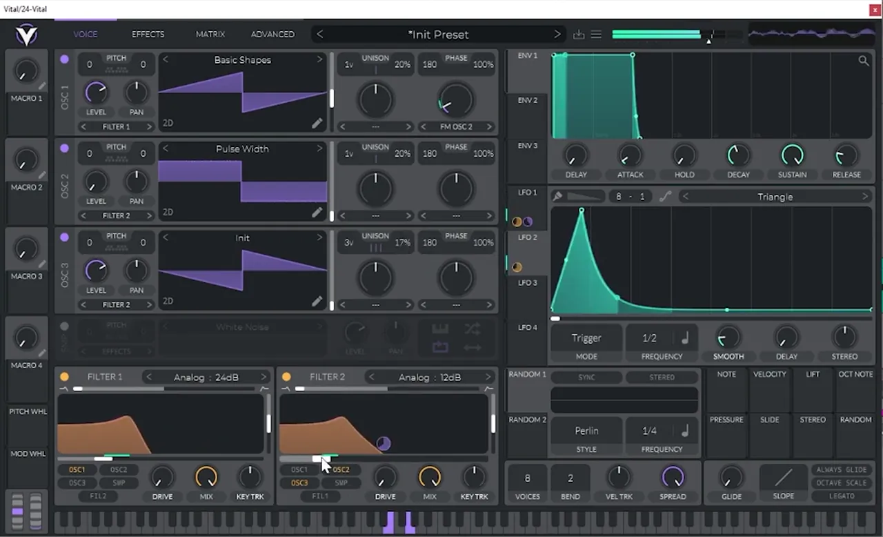 Vital oscillator 3 routed to Filter 2 Analog 12 dB with LFO 2 drawn as a quick peak for Icicle’s stab texture