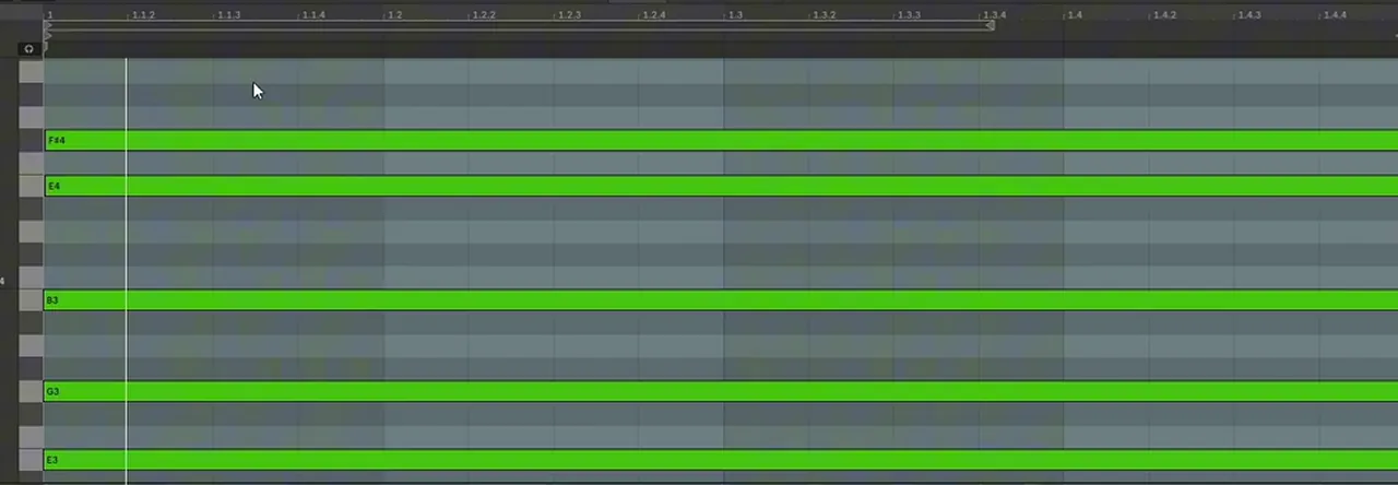 Ableton piano roll with an E minor add 9 chord: E3, G3, B3, E4 and F sharp 4 for a liquid DnB chord in Wavetable