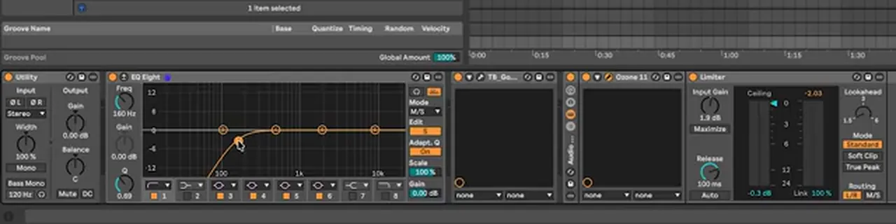 Ableton EQ Eight in M/S mode editing the side channel with a high-pass around 160 Hz, next to a Utility