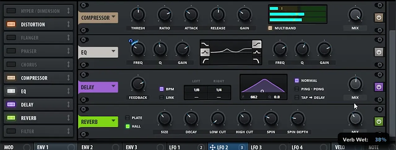 Serum FX chain for a Sub Focus-style DnB lead: compressor in multiband mode, EQ, delay at 1/8 and 1/4 with a filter, and hall reverb at 38 percent mix