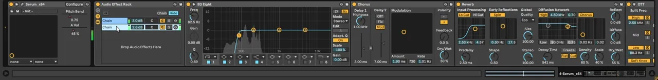 Ableton Audio Effect Rack on the Serum bass: a dry chain and a processed chain with a high-pass EQ Eight, Chorus, Reverb and OTT