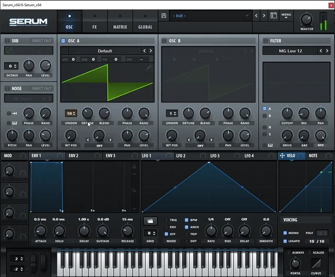 Serum saw oscillator with 10 unison voices, mono and legato switched on for a gliding liquid DnB bass