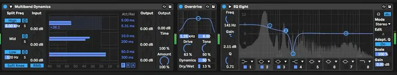 Ableton Live chain on the main bass: Multiband Dynamics with the high band at 6.00 kHz, Overdrive at 1.25 kHz with Drive 63 percent and Dry/Wet 13 percent, and EQ Eight with a low shelf and a deep narrow cut