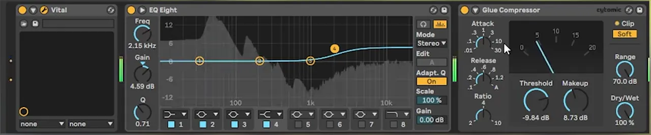 Ableton Live post-processing on a Vital future DnB noise bass hit: EQ Eight high shelf at 2.15 kHz plus 4.59 dB, then Glue Compressor with threshold minus 9.84 dB and makeup 8.73 dB