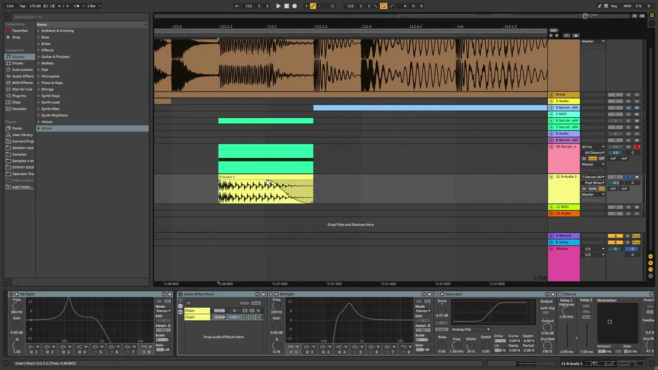 Ableton Live arrangement at 172 BPM: the resampled techy bass on an audio track with a long fade-out to make it shorter and pluckier, under the Break reference track