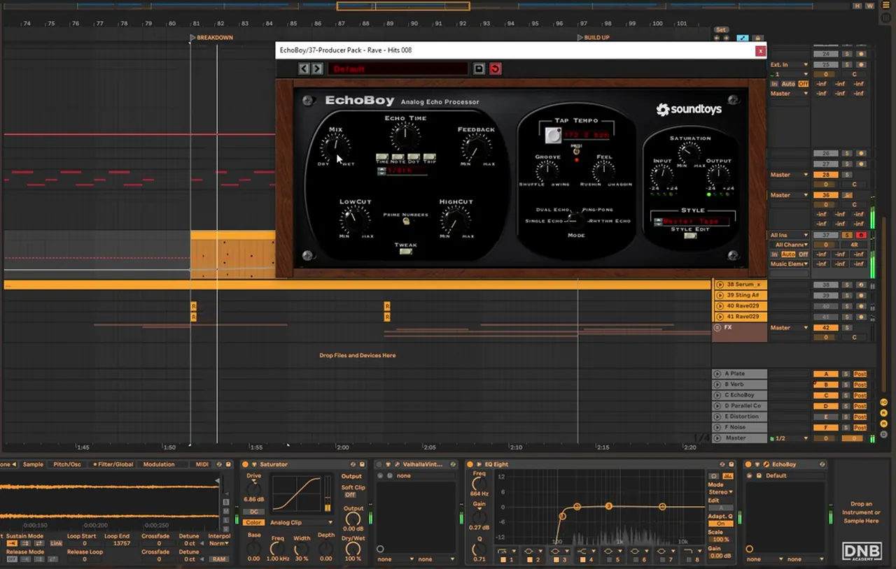 Soundtoys EchoBoy on the rave stab in Molecular All Systems, used as a rhythmic delay, with Saturator, a Valhalla reverb and EQ Eight on the chain