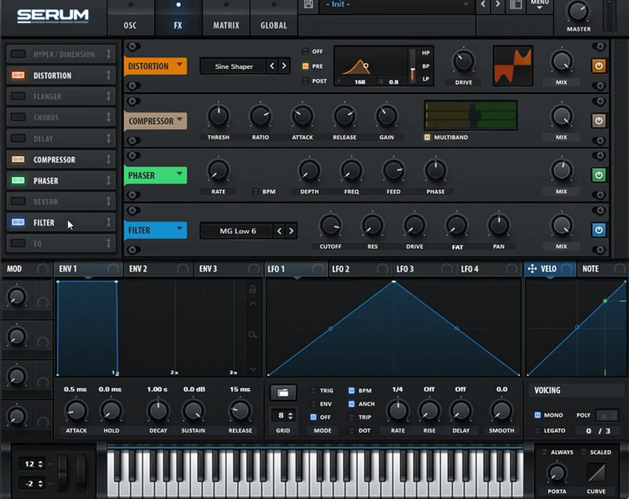Serum FX chain for a Kove style reese: Sine Shaper distortion with a 168 Hz band-pass pre-filter, multiband compressor, phaser and filter