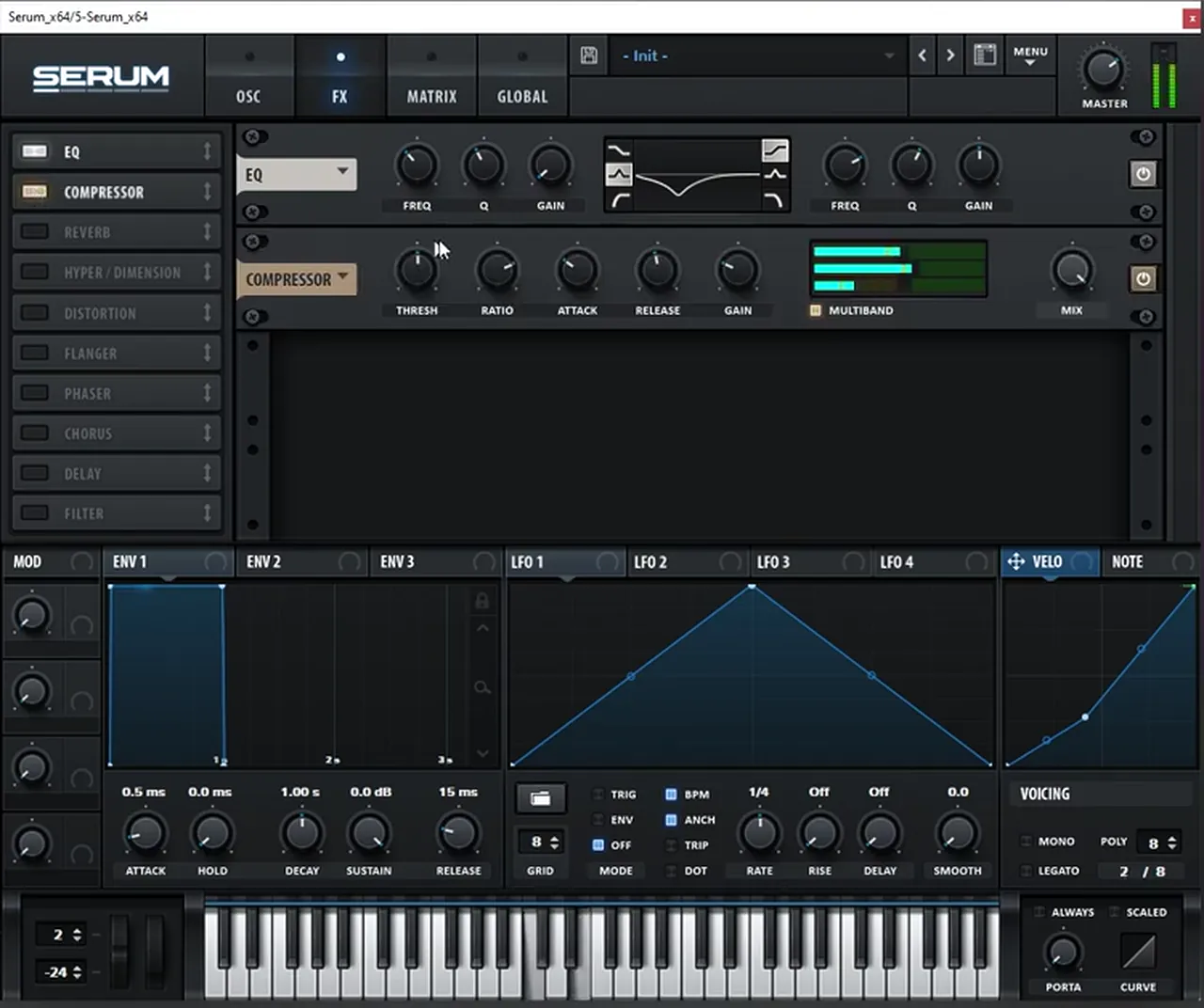 Serum FX page with an EQ dipping the low mids and a multiband compressor, the effects for a lead like Camo and Krooked and Mefjus No Tomorrow