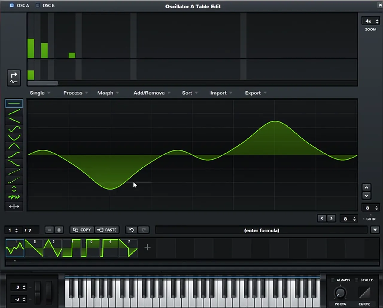 Serum Oscillator A table editor for an Alix Perez and Skeptical style bass stab: a sine wave with a few added harmonics drawn in the FFT bars above the waveform