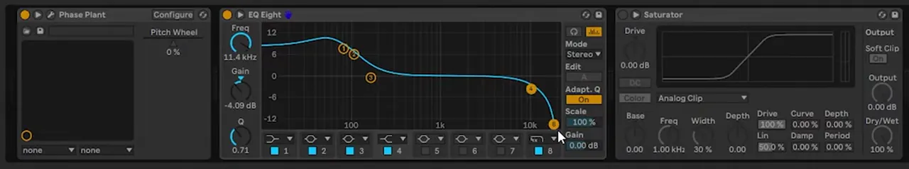 Ableton EQ Eight boosting the lows and cutting the highs into Saturator on Analog Clip with Soft Clip on, post-processing the reese of a bass like Mefjus Hear Me