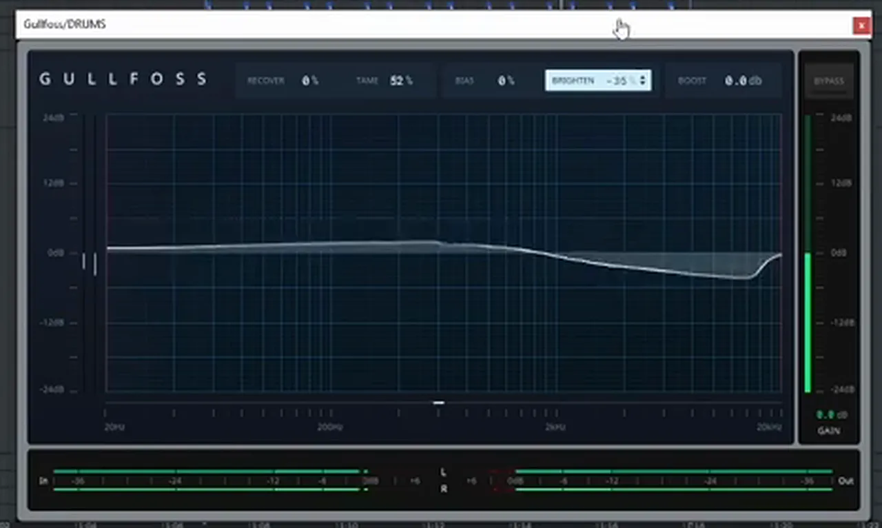 Gullfoss on a DnB drums bus with Tame at 52 percent and Brighten pulled negative, the curve dipping the top end