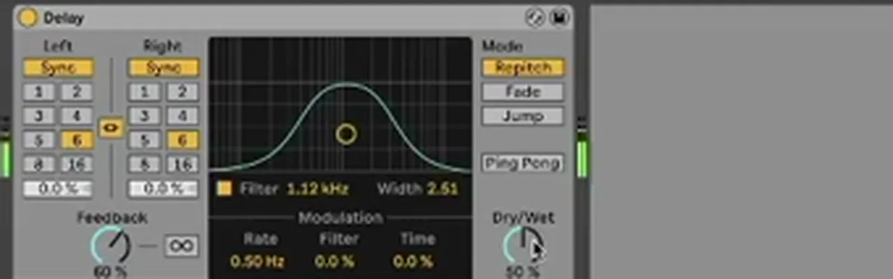 Ableton Delay on a DnB vocal synced to 6 sixteenths with the filter on at 1.12 kHz and width 2.51