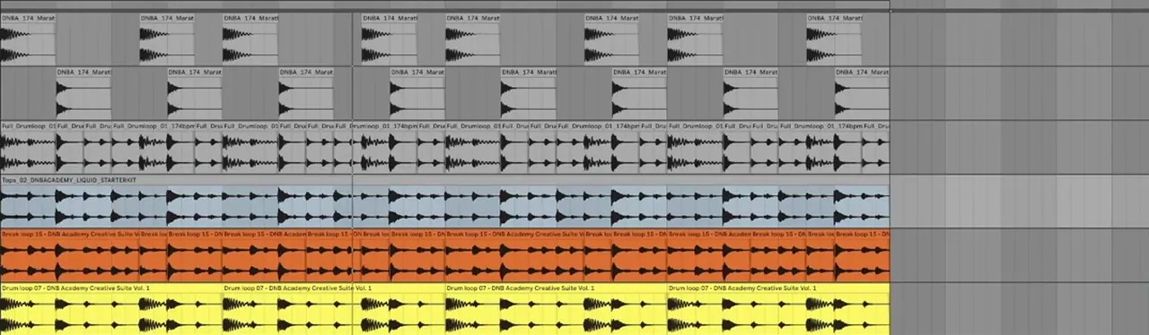 Six layers of liquid drum and bass drums in Ableton Live: 174 Marathon kick and snare, a liquid starter kit drum loop and top loop, a break loop and a drum loop