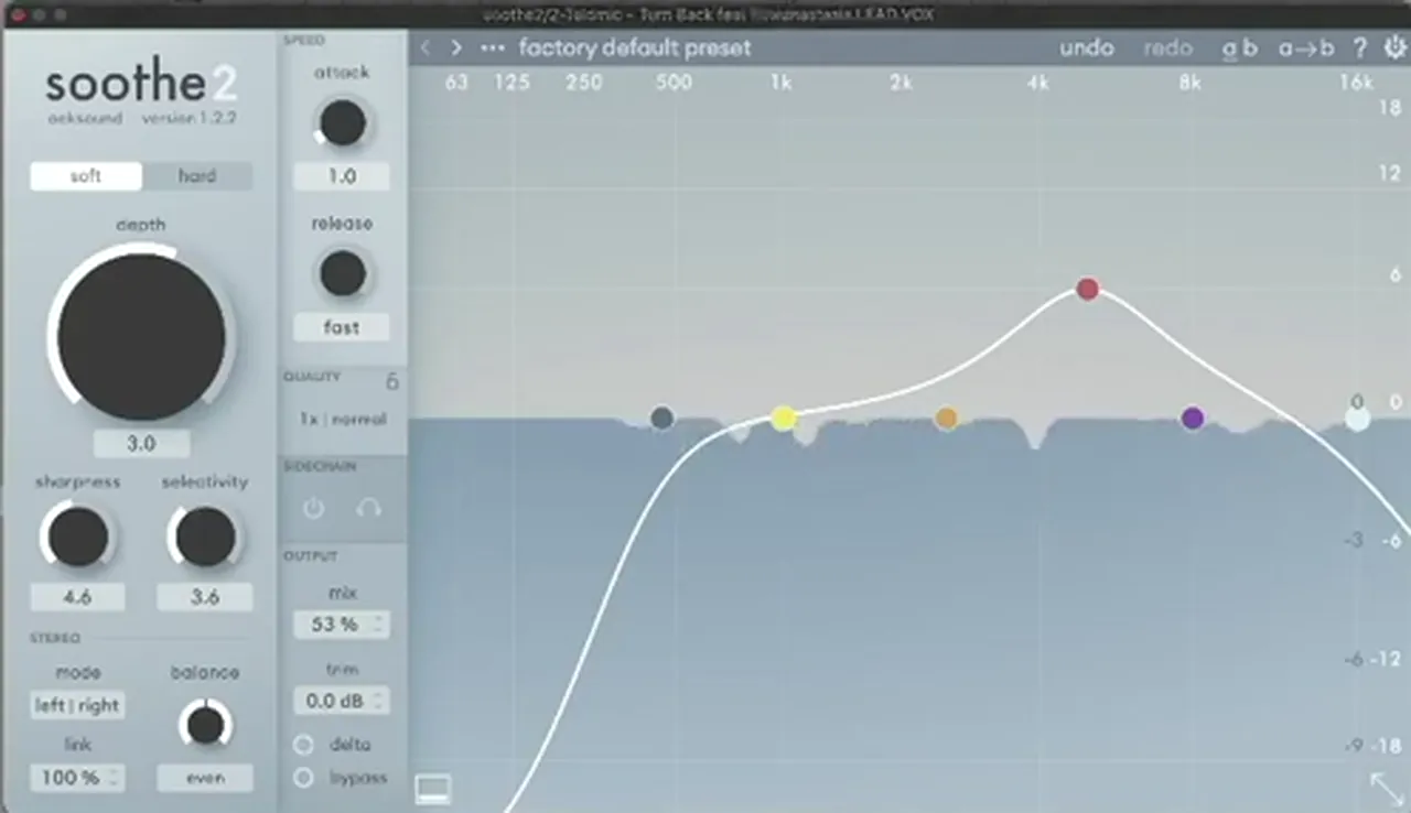 oeksound soothe2 on a DnB lead vocal with the factory default preset and the mix turned down to about 53 percent