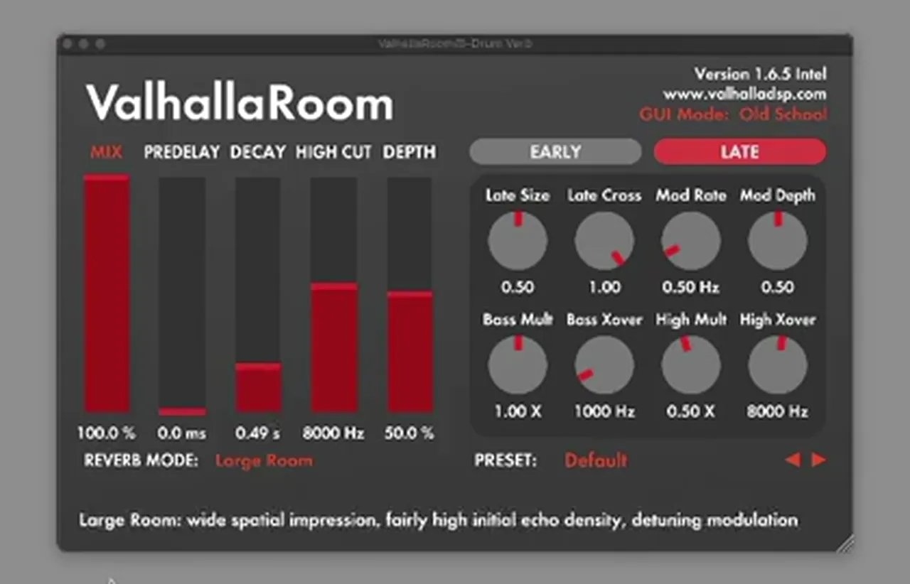 ValhallaRoom drum reverb for liquid DnB drums: Large Room mode, mix 100 percent, predelay 0 ms, decay 0.49 seconds, high cut 8000 Hz, depth 50 percent