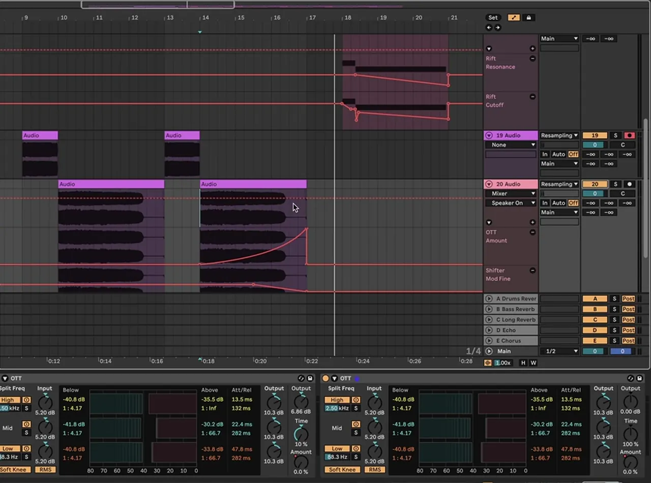 Ableton Live drum and bass build-up with resampled bass audio clips and OTT amount automation rising into the drop