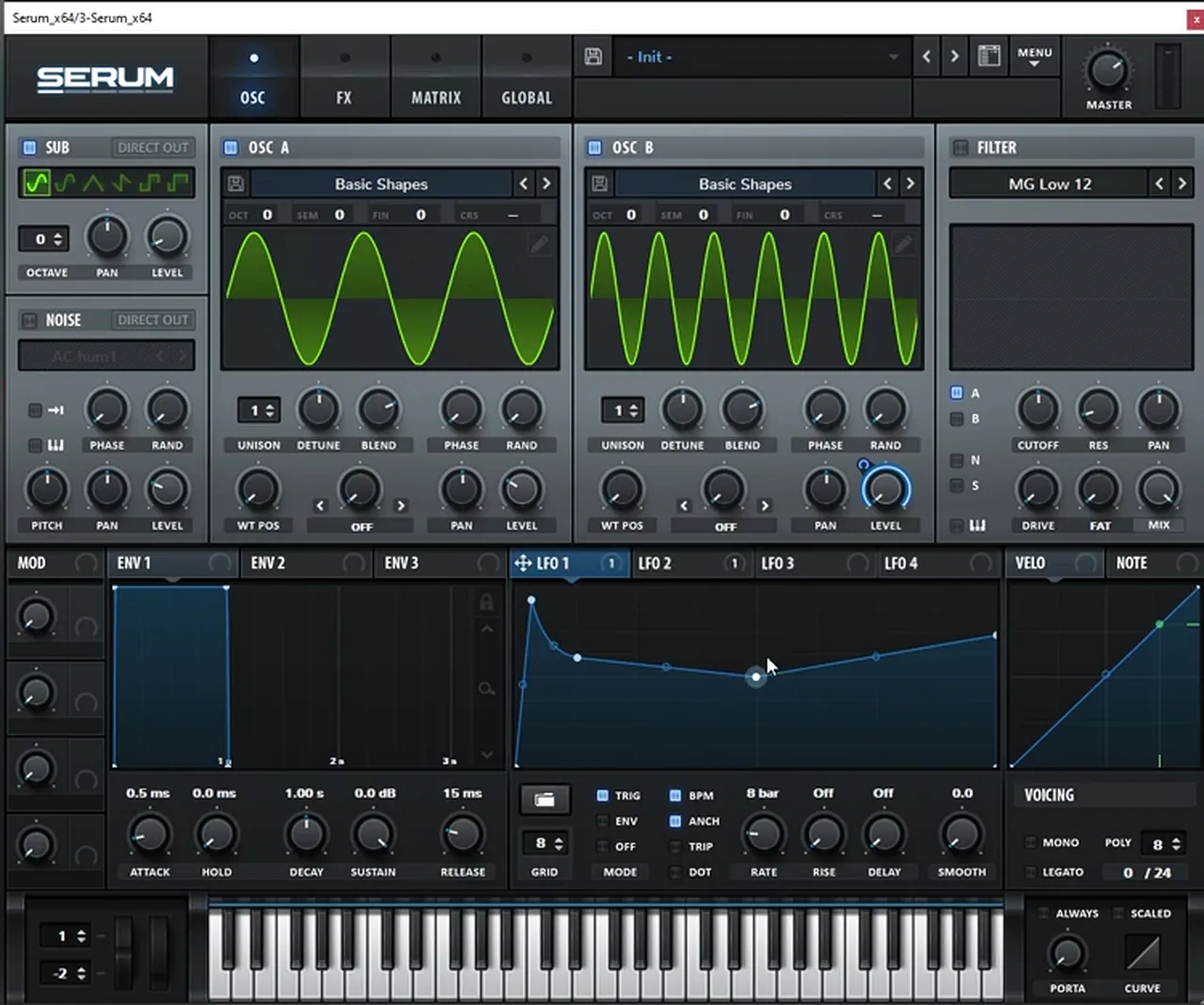 Serum LFO 1 at 8 bars in trigger mode mapped to oscillator B level for a foghorn bass like Skantia Clapper