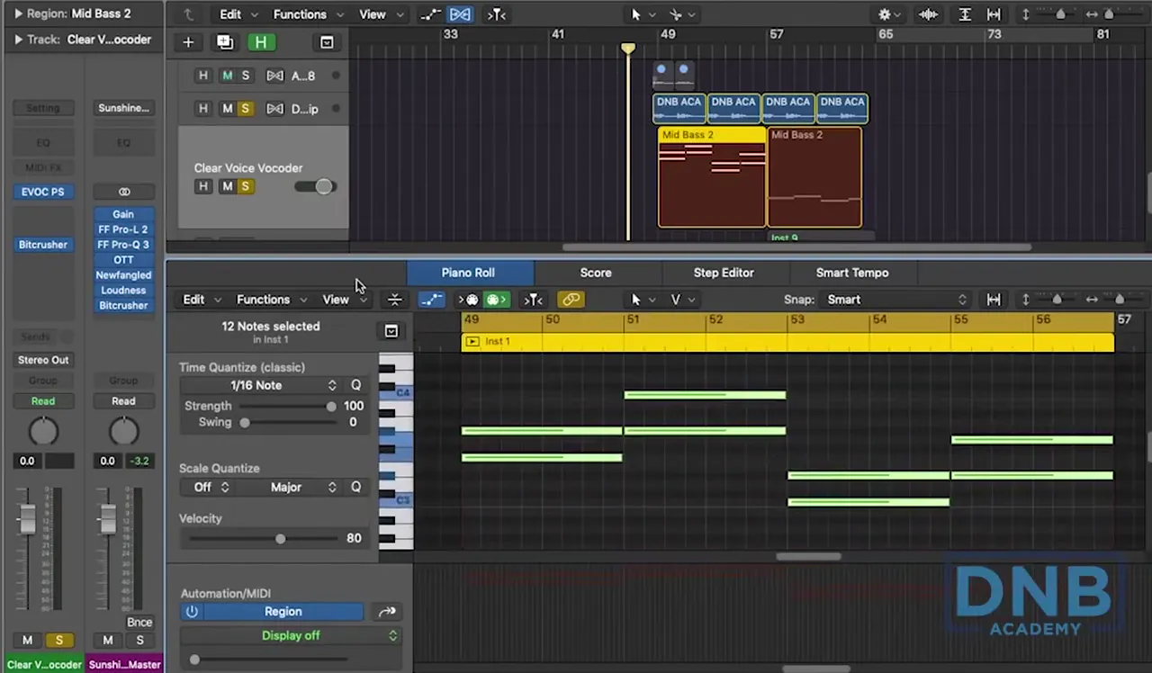 Logic Pro piano roll with new two-note chords for a Clear Voice Vocoder track using EVOC PS and Bitcrusher in a dancefloor drum and bass track