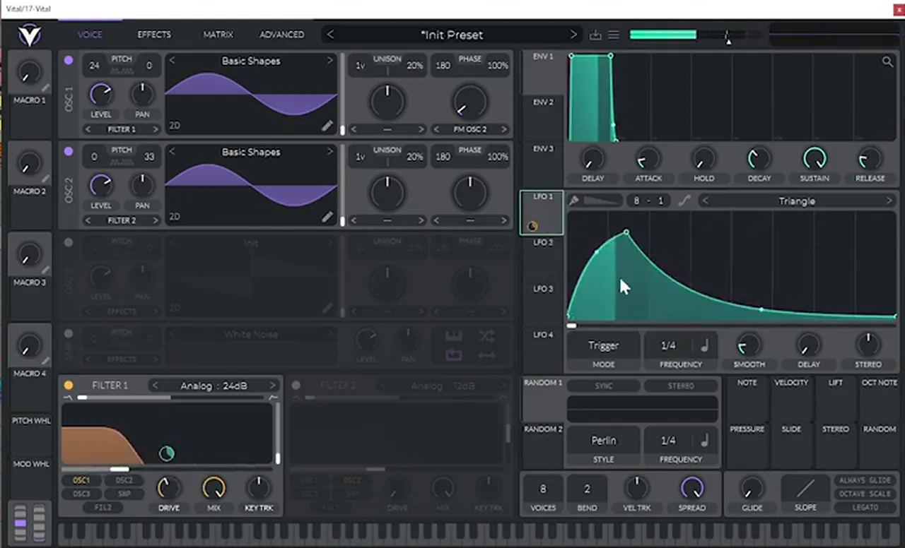 Vital synth patch for a drum and bass bass layer: oscillator 1 Basic Shapes at +24 with FM from oscillator 2, Analog 24dB filter and LFO 1
