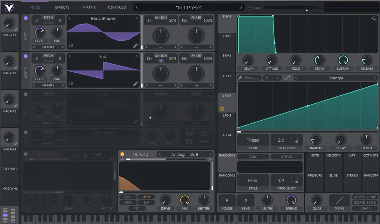 Vital LFO 2 ramp shape at 2/1 modulating the filter 2 cutoff of a minimal drum and bass bass