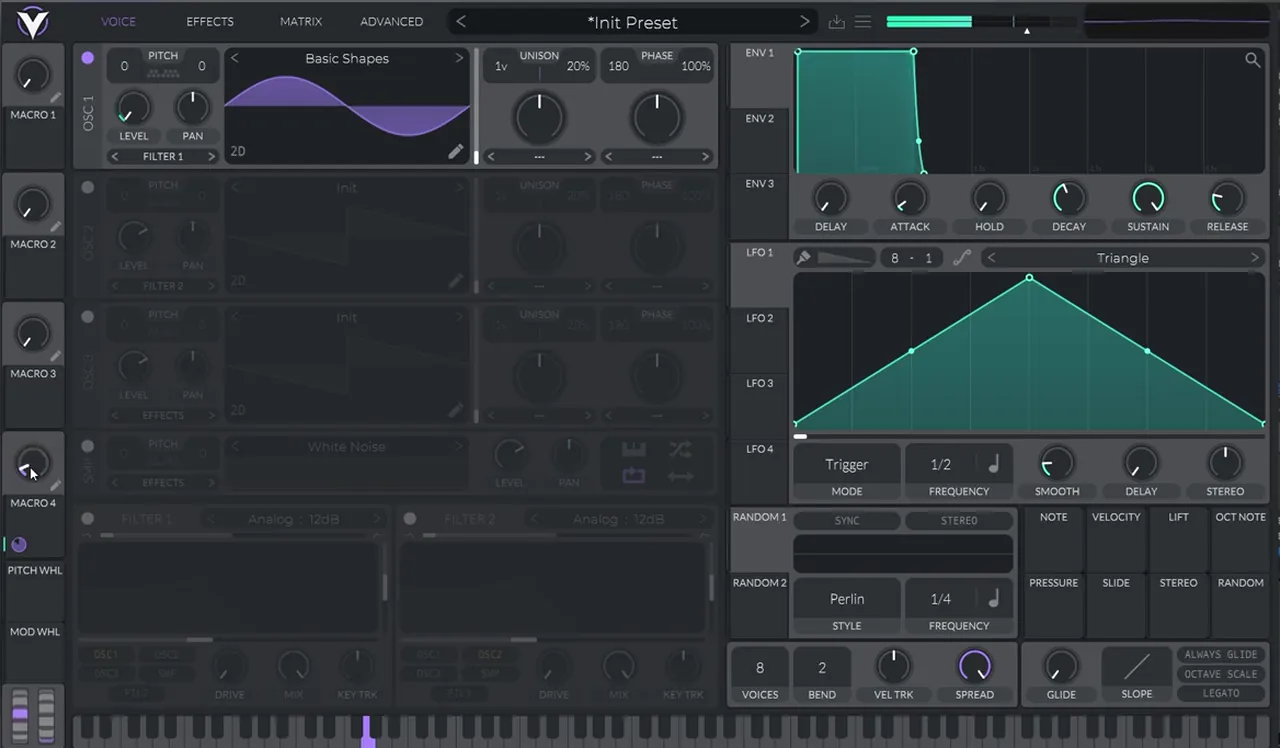 Second Vital patch with a Basic Shapes sine on oscillator 1 and a macro mapped to its level, the harmonics layer of a deep bass like Skeptical Desire