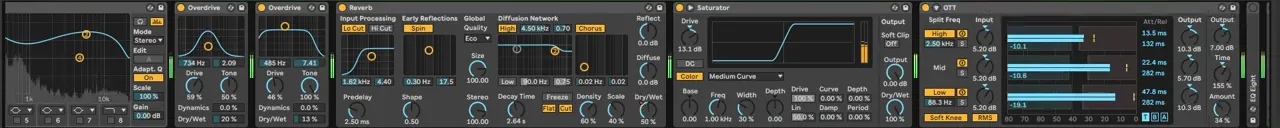 Ableton Reverb with 2.64 second decay, Saturator with 13.1 dB drive on Medium Curve, and OTT with time at 155 percent, post-processing a bass like Buunshin Acolyte