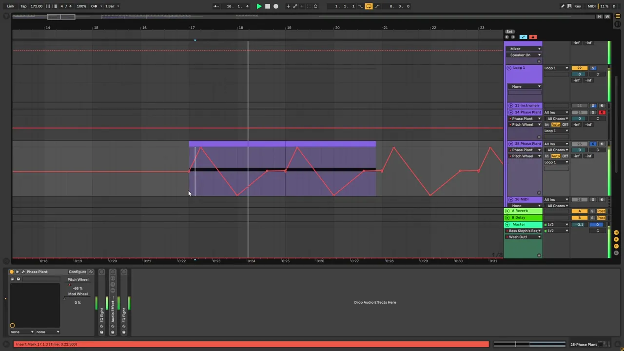 Ableton Live automation lane on Phase Plant's pitch wheel, drawn as a zigzag of ramps, for pitch movement on a deep minimal bass