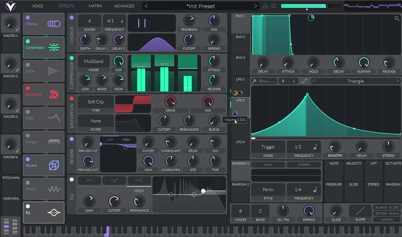 Vital effects chain for a Mefjus-style bass: chorus, multiband compressor, Soft Clip distortion, reverb and EQ with a high boost, plus LFO 2 with a curved shape modulating the volume