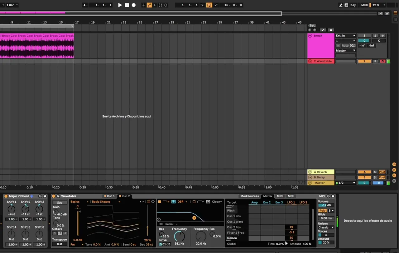 Ableton Wavetable jungle pad with the Major 7 Chord MIDI effect, shifts plus 4, plus 11 and minus 7, and LFO 1 modulating oscillator 2 position, filter and unison