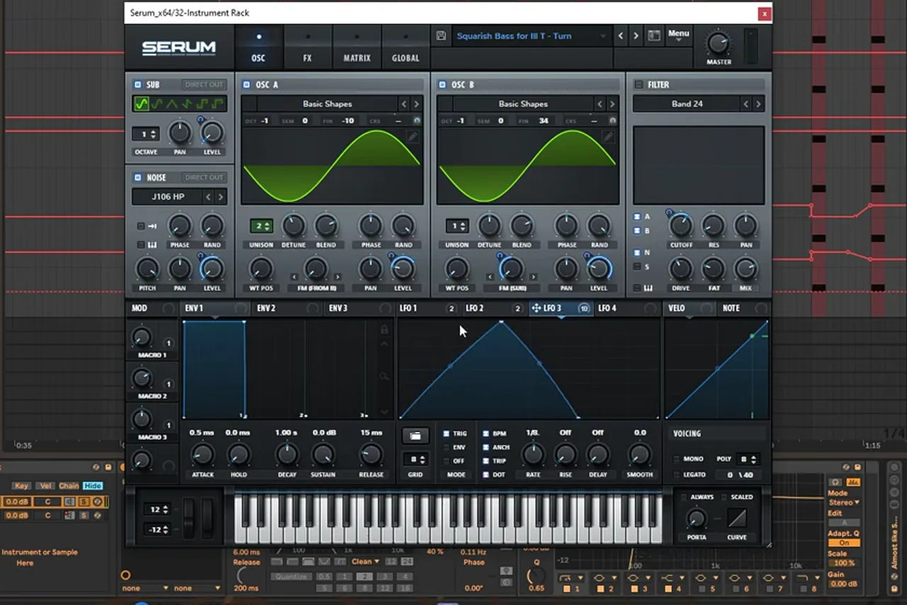 Serum patch for the All Systems bass: oscillators A and B both Basic Shapes sine waves, FM from B on oscillator A, a sine sub, J106 HP noise and LFO 3 modulating the FM amount