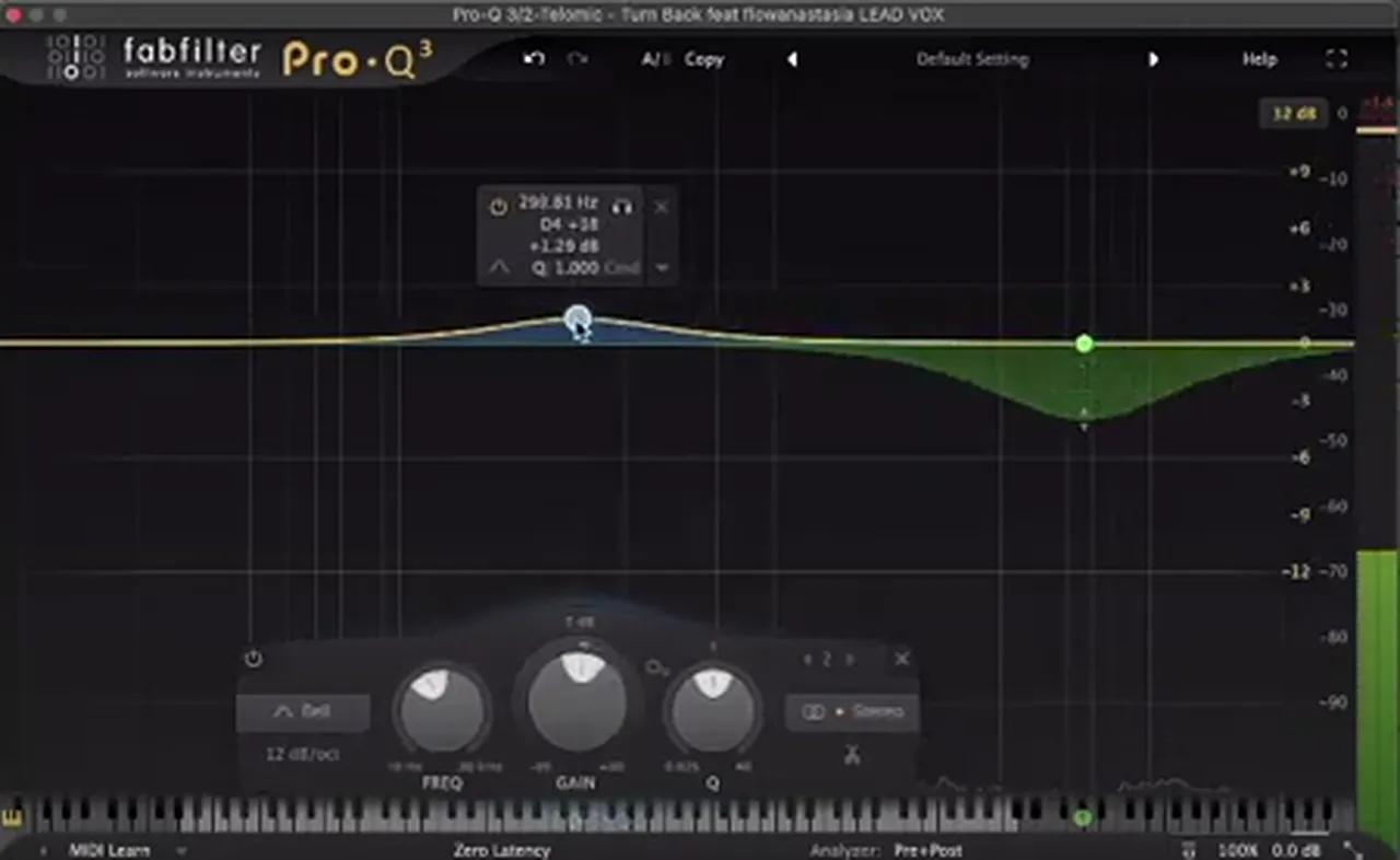 FabFilter Pro-Q 3 with a small low-mid bell boost around 290 Hz and a dynamic high band on a drum and bass vocal