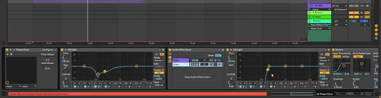 Ableton Live post-processing for a deep minimal bass: EQ Eight cutting a resonance at 230 Hz, an Audio Effect Rack with two chains, and a high-passed chain into Reverb